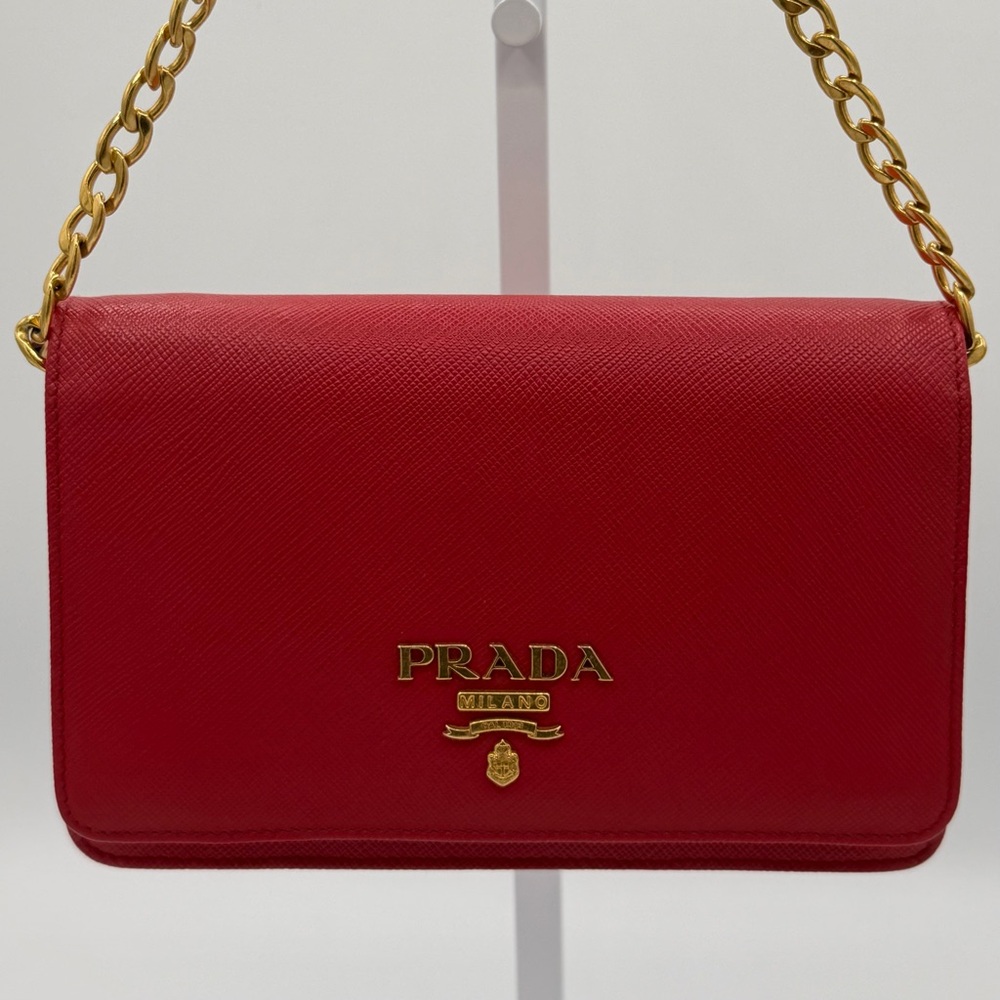 Prada Red Leather Wallet on Chain Shoulder Bag Excellent Condition